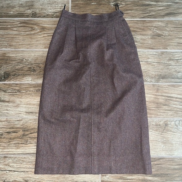 Vintage Saint Laurent Rive Gauche Brown Wool Pencil Skirt Pockets 70s - Picture 1 of 5